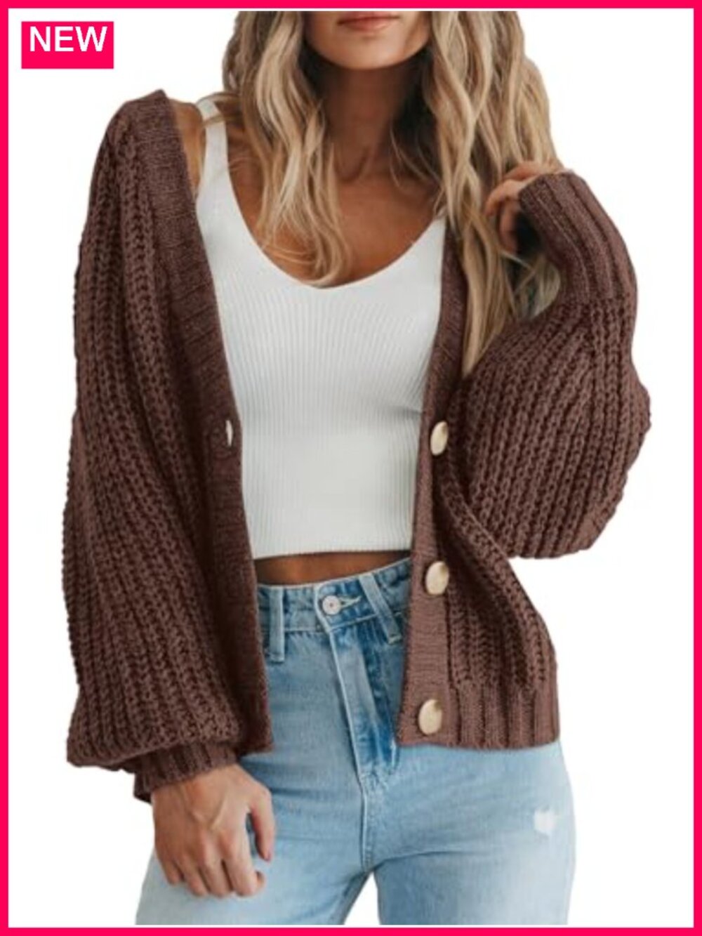 Chunky Knit Open Front Cardigan Long Sleeve V Neck Button Down Sweater